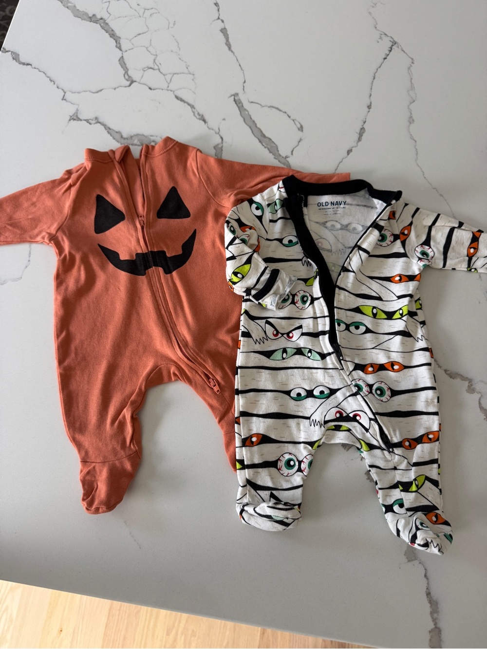 Old Navy Orange Pumpkin & White Mummy Eye Print One-Piece Footies (2-Pack)